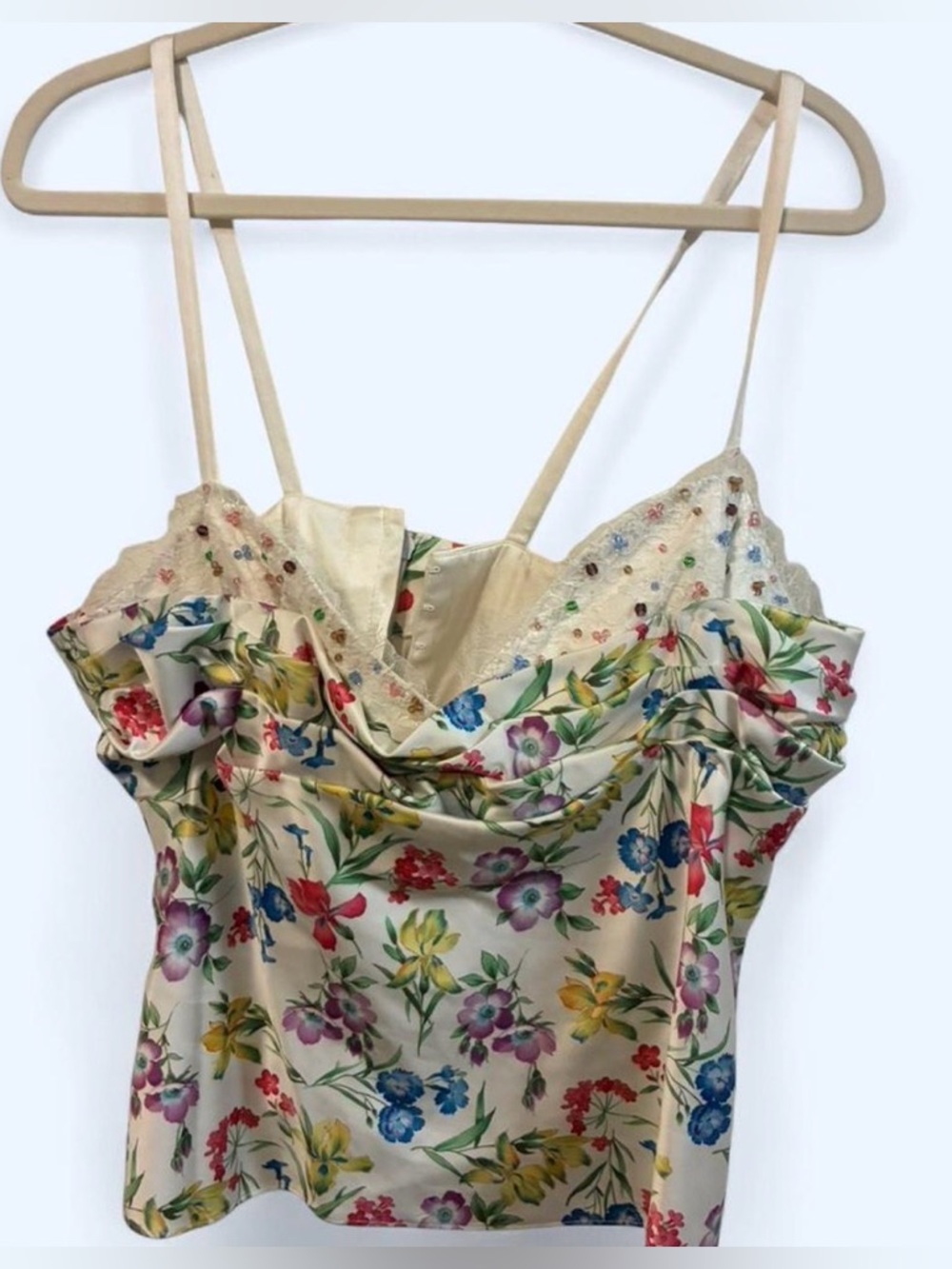 Floral Satin Bustier Top Beaded Lace Trim Cream XL